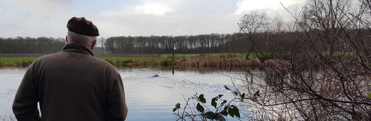 Jager kijkt naar zijn hond die in het water zwemt naar de eend.